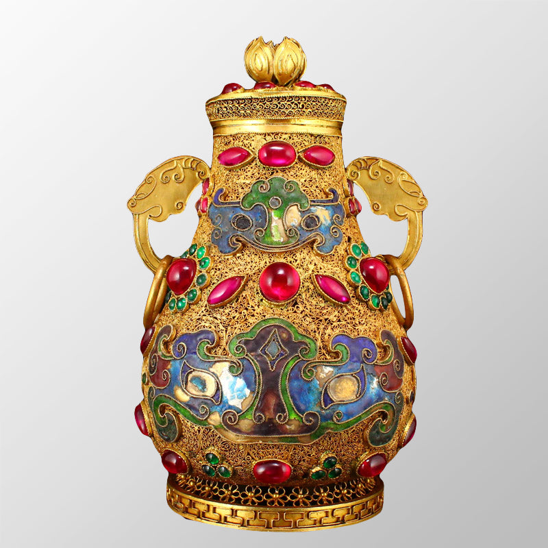 Superb Chinese Gold Wire Enamel Inlay Gem Double Rings Pot w Lid