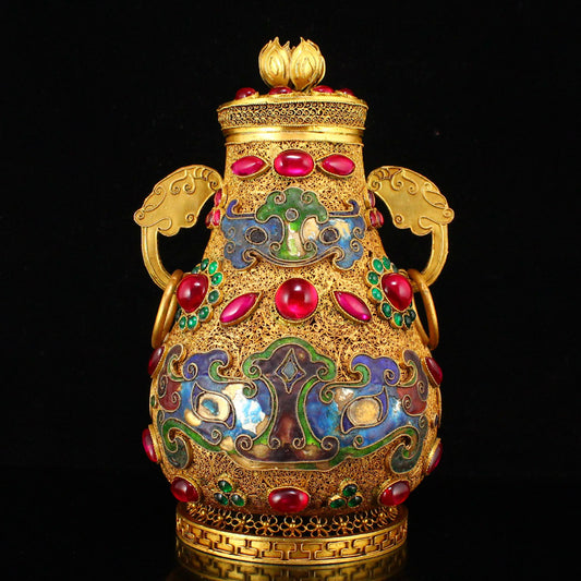 Superb Chinese Gold Wire Enamel Inlay Gem Double Rings Pot w Lid