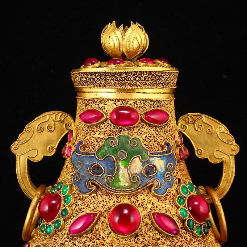 Superb Chinese Gold Wire Enamel Inlay Gem Double Rings Pot w Lid