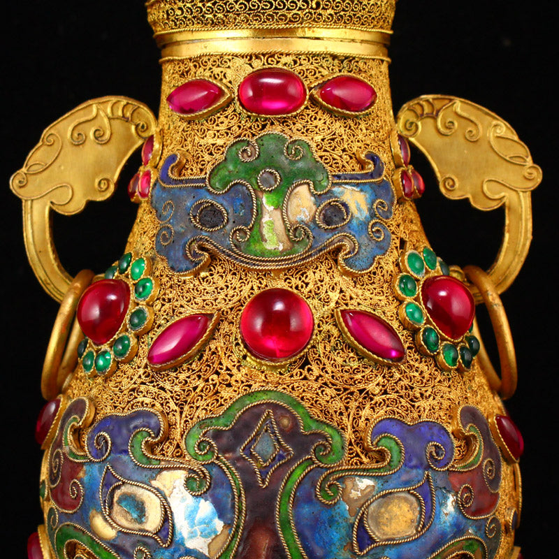 Superb Chinese Gold Wire Enamel Inlay Gem Double Rings Pot w Lid