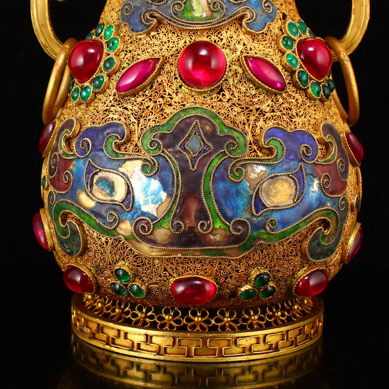 Superb Chinese Gold Wire Enamel Inlay Gem Double Rings Pot w Lid