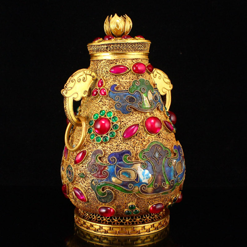 Superb Chinese Gold Wire Enamel Inlay Gem Double Rings Pot w Lid