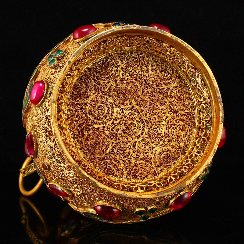 Superb Chinese Gold Wire Enamel Inlay Gem Double Rings Pot w Lid