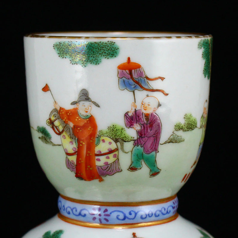 Chinese Gilt Edge Famille Rose Porcelain Figures Candlestick w Jiaqing Mark