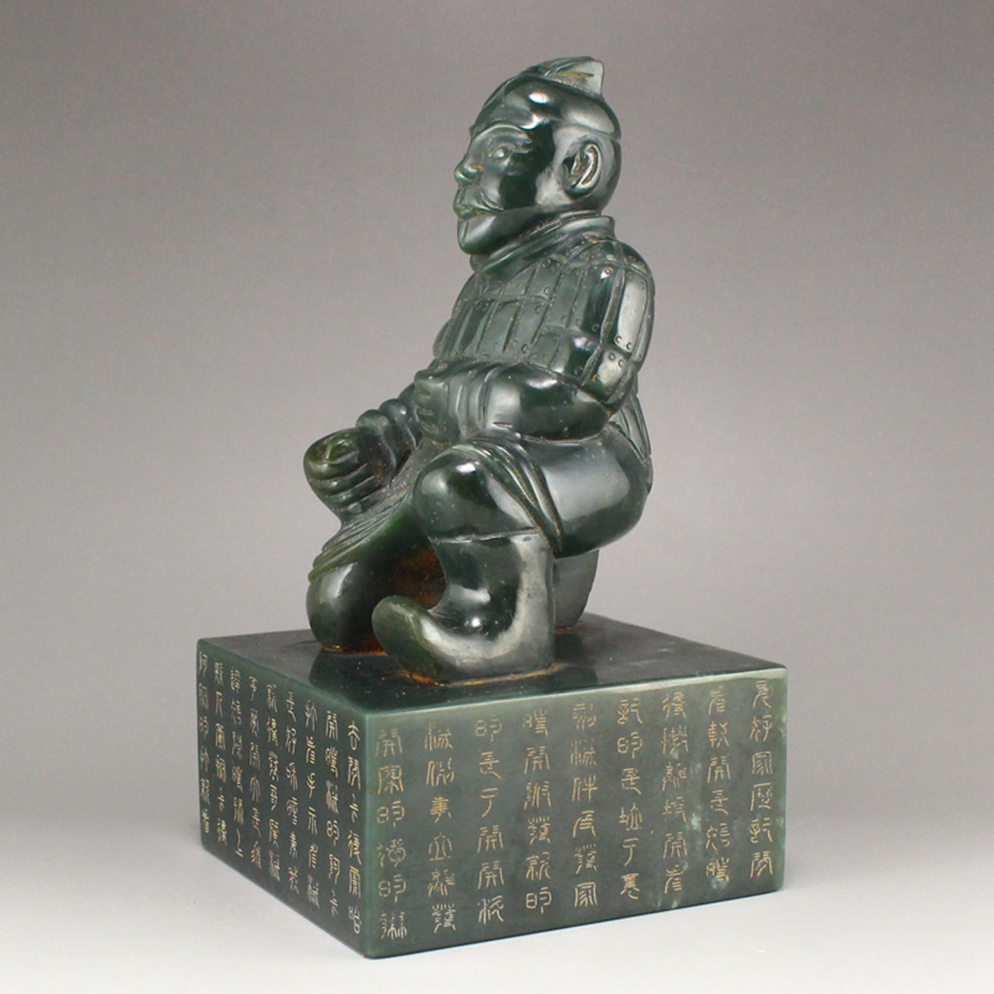 Vintage Chinese Deep Green Hetian Jade Figure Poetic Prose Seal