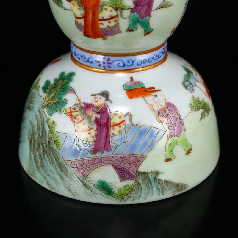 Chinese Gilt Edge Famille Rose Porcelain Figures Candlestick w Jiaqing Mark