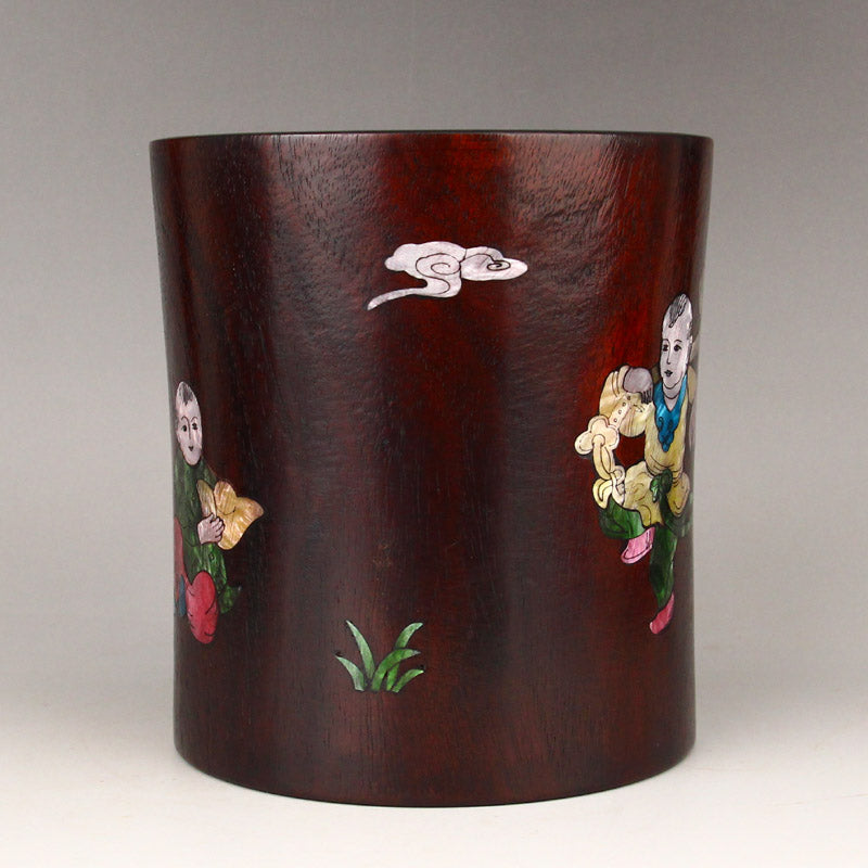 Old Zitan Wood Inlay Shell & Gem Brush Pot