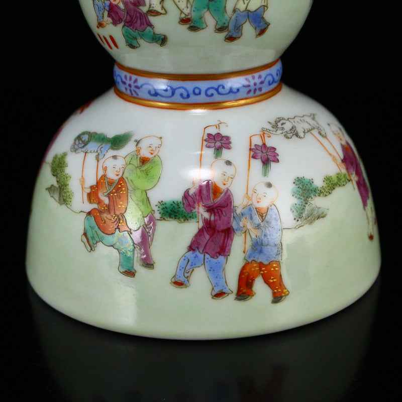 Chinese Gilt Edge Famille Rose Porcelain Figures Candlestick w Jiaqing Mark