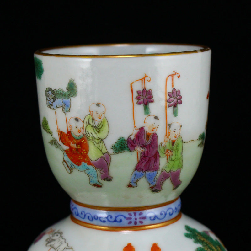 Chinese Gilt Edge Famille Rose Porcelain Figures Candlestick w Jiaqing Mark