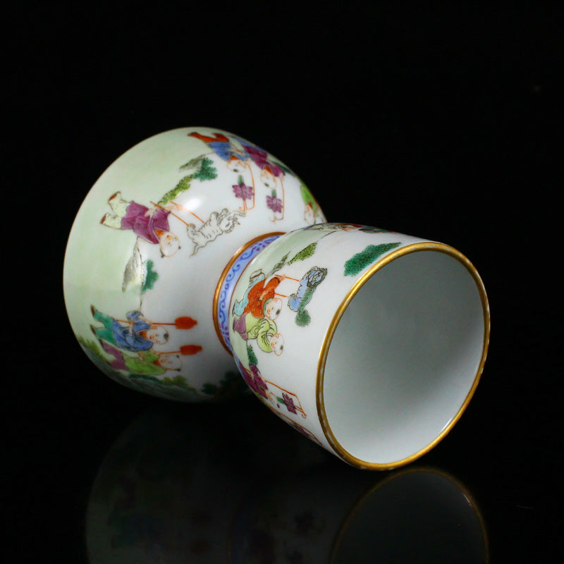 Chinese Gilt Edge Famille Rose Porcelain Figures Candlestick w Jiaqing Mark