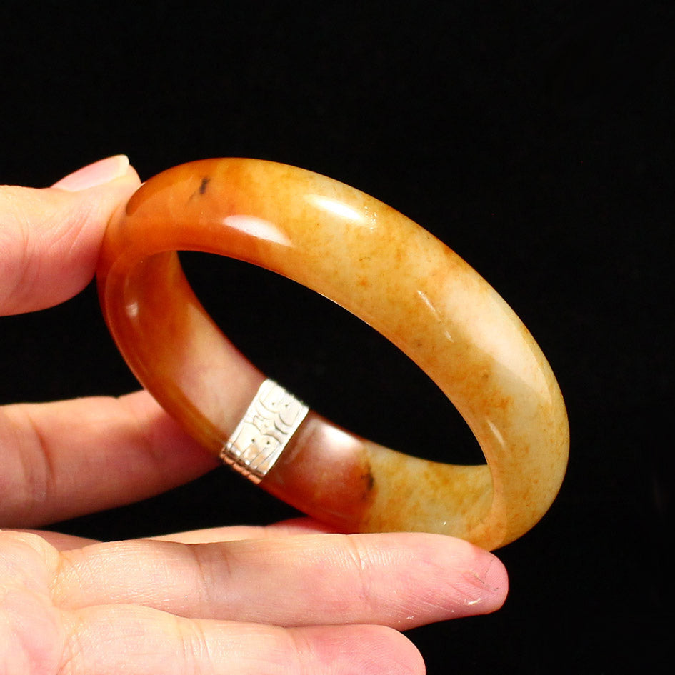 Old Inside Diameter 57mm Hetian Jade Inlay Silver Bracelet