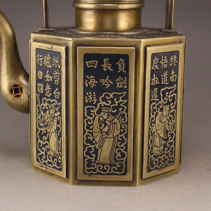 Chinese White Copper Poetic Prose & Figures Handle Teapot