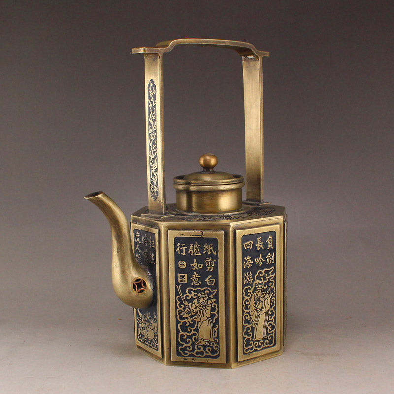 Chinese White Copper Poetic Prose & Figures Handle Teapot