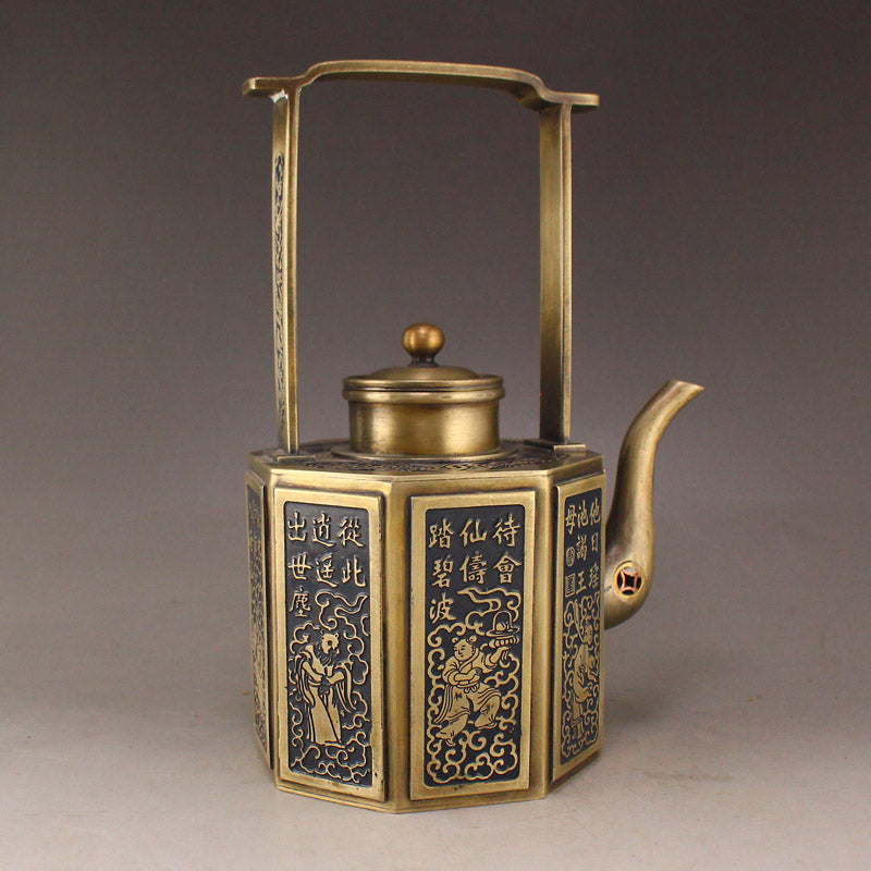 Chinese White Copper Poetic Prose & Figures Handle Teapot