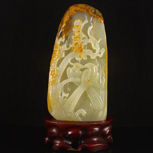 Chinese Huang Long Jade Magpie & Plum Flower Statue