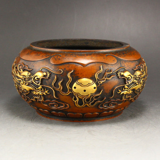 Chinese Gilt Gold Copper Double Dragon Fireball Incense Burner