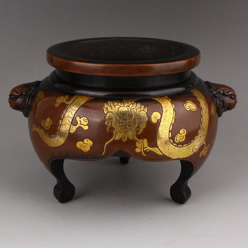 Old Chinese Gilt Gold Copper Beast Head Double Ears 3 Legs Incense Burner