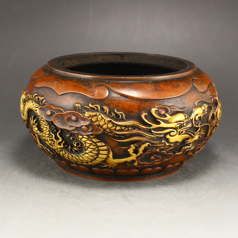 Chinese Gilt Gold Copper Double Dragon Fireball Incense Burner