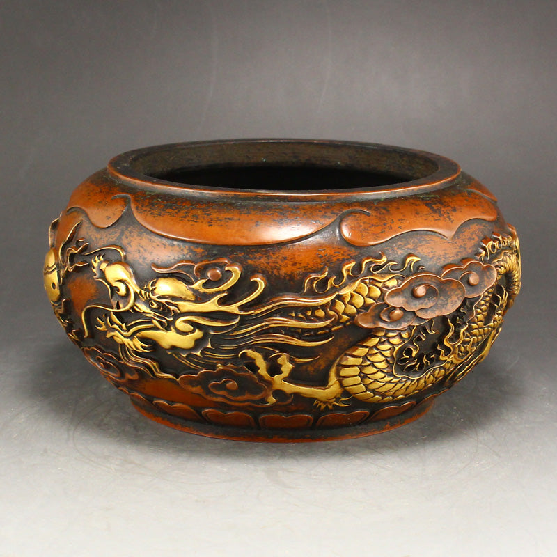 Chinese Gilt Gold Copper Double Dragon Fireball Incense Burner