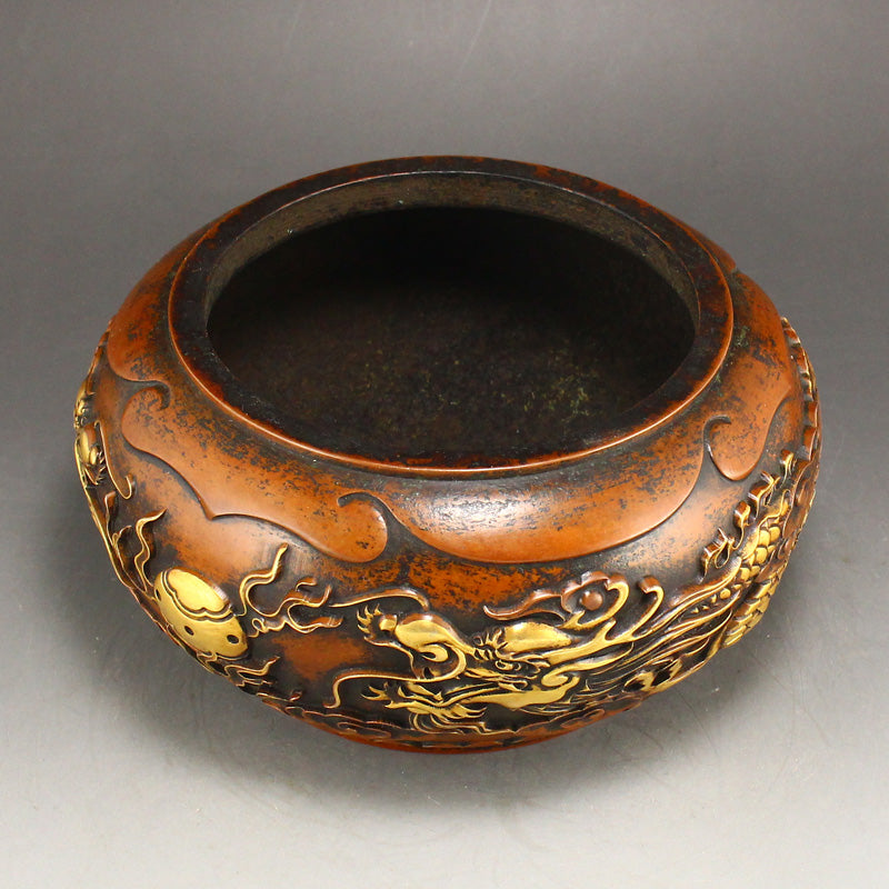 Chinese Gilt Gold Copper Double Dragon Fireball Incense Burner