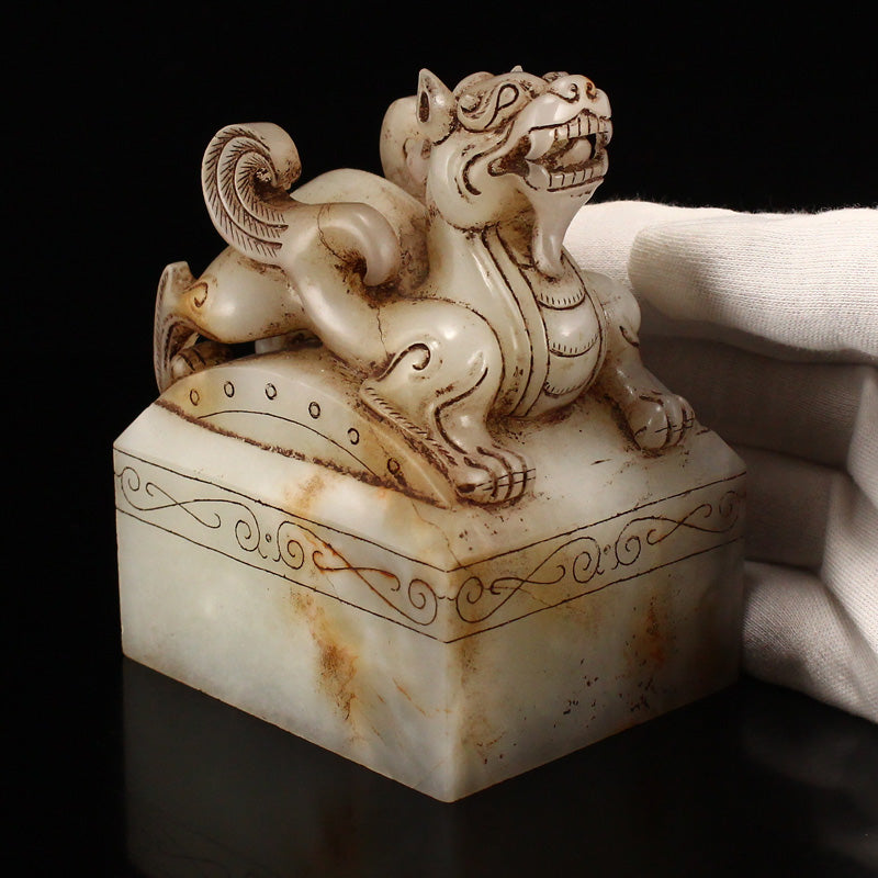 Superb Vintage Chinese Hetian Jade Divine Beast Seal