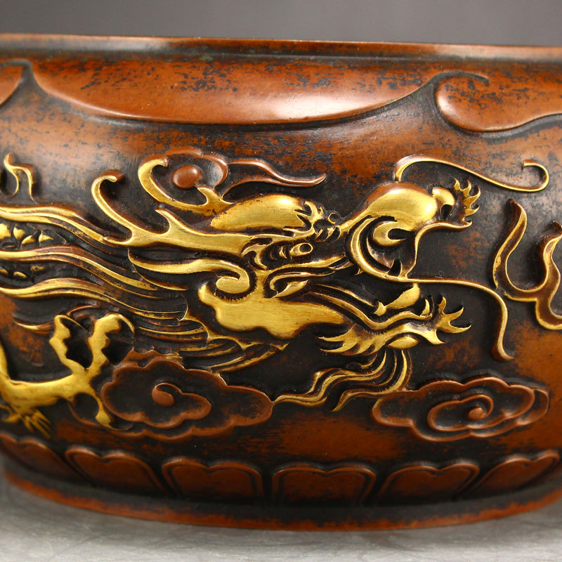 Chinese Gilt Gold Copper Double Dragon Fireball Incense Burner