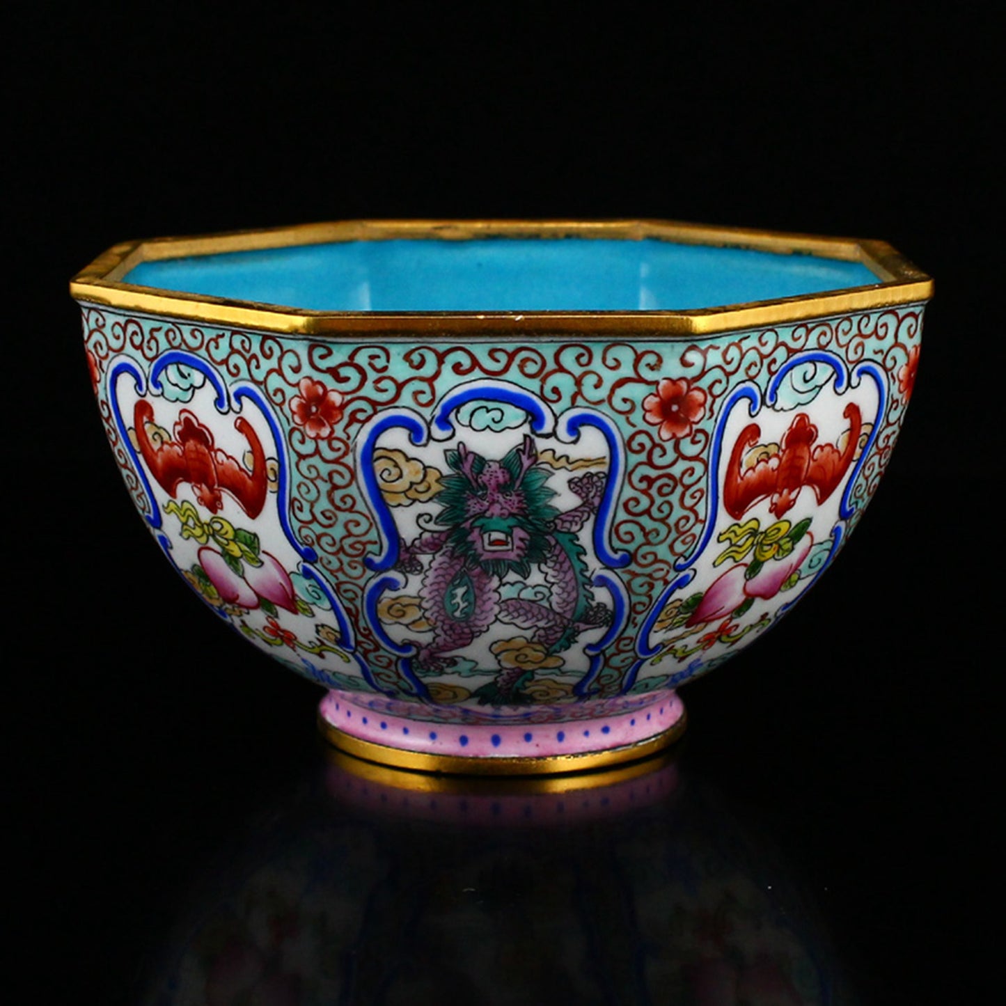 Chinese Gilt Edge Copper Enamel Dragon & Bat Design Bowl