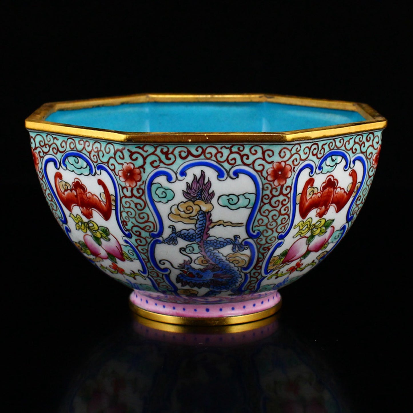 Chinese Gilt Edge Copper Enamel Dragon & Bat Design Bowl