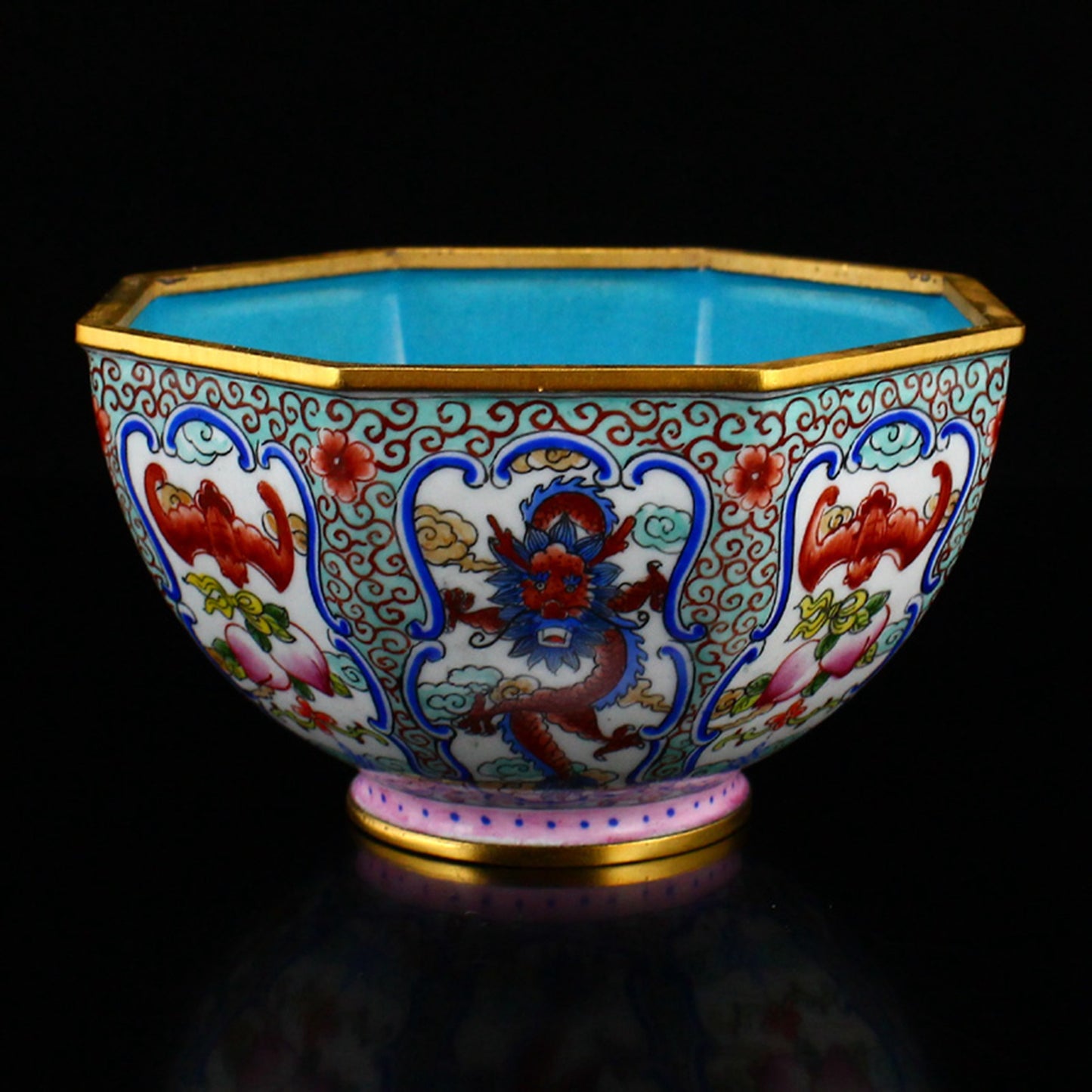 Chinese Gilt Edge Copper Enamel Dragon & Bat Design Bowl