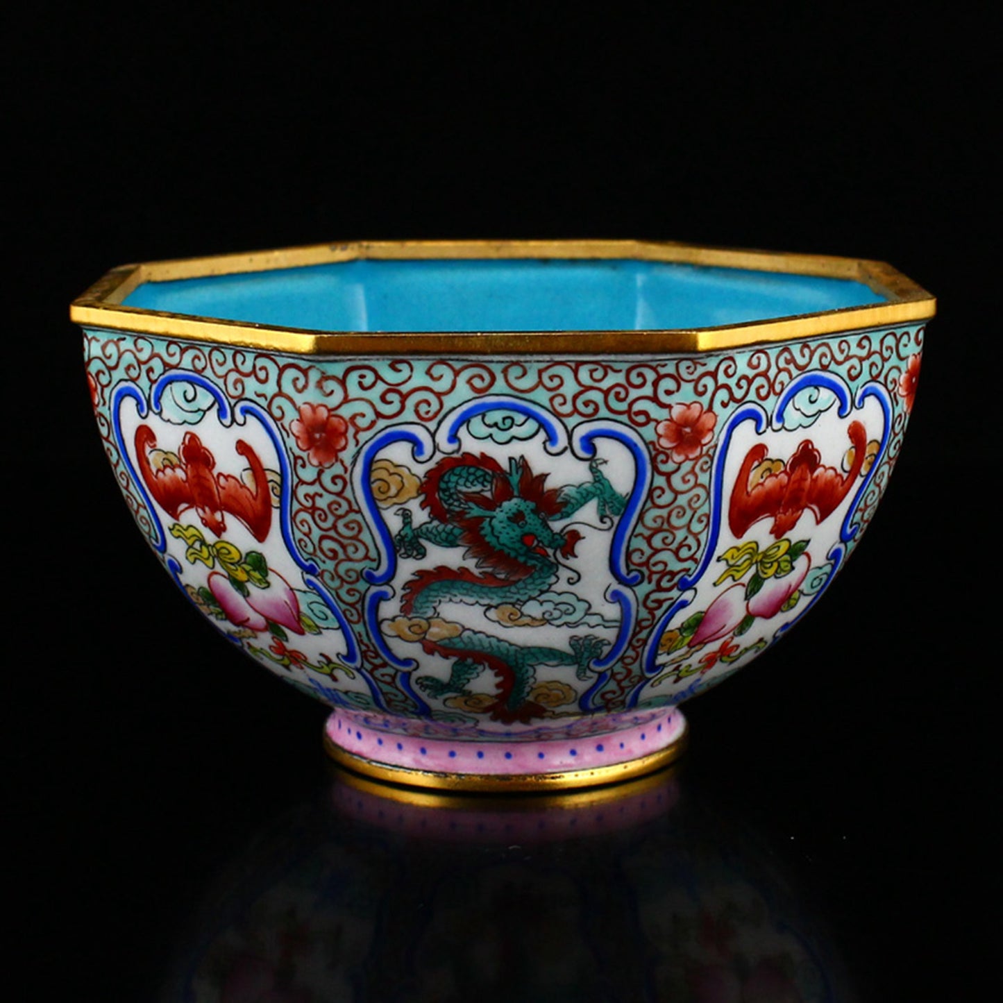 Chinese Gilt Edge Copper Enamel Dragon & Bat Design Bowl
