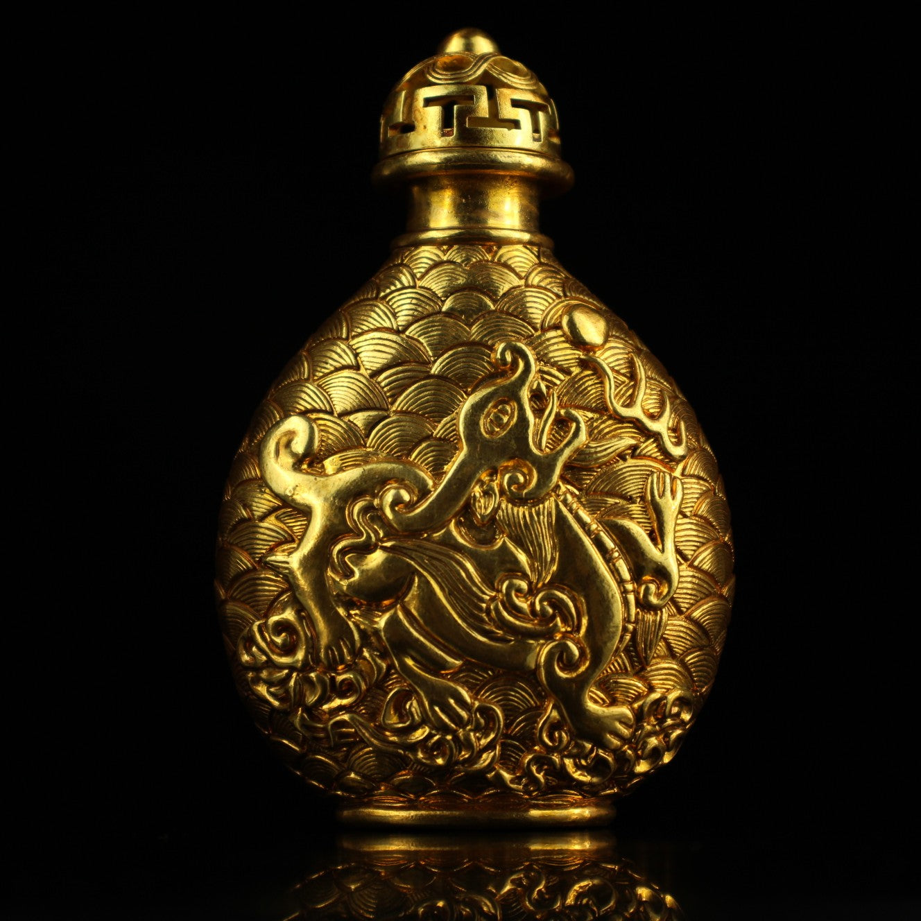 Old Chinese Gilt Gold Bronze Low Relief Fortune Pixiu Snuff Bottle