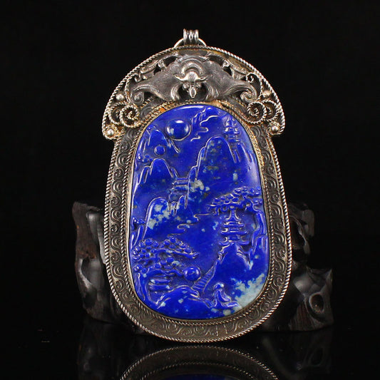 Chinese Pure Silver Inlay Lapis Lazuli Scenery Figure Pendant