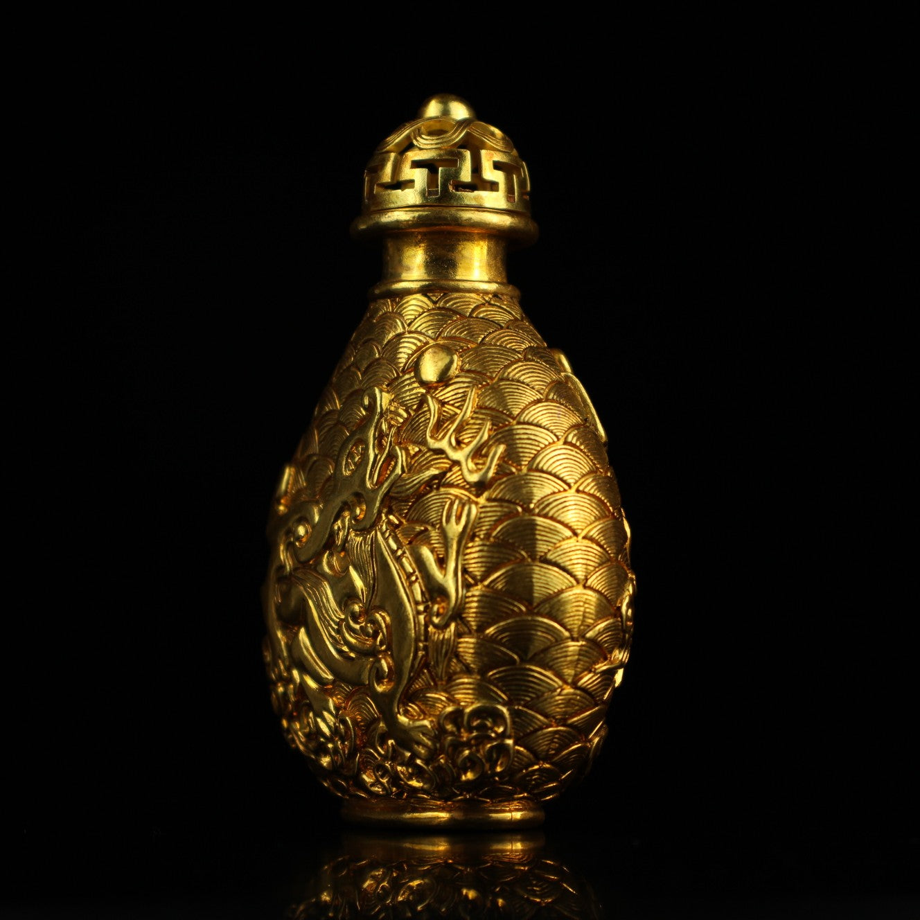 Old Chinese Gilt Gold Bronze Low Relief Fortune Pixiu Snuff Bottle