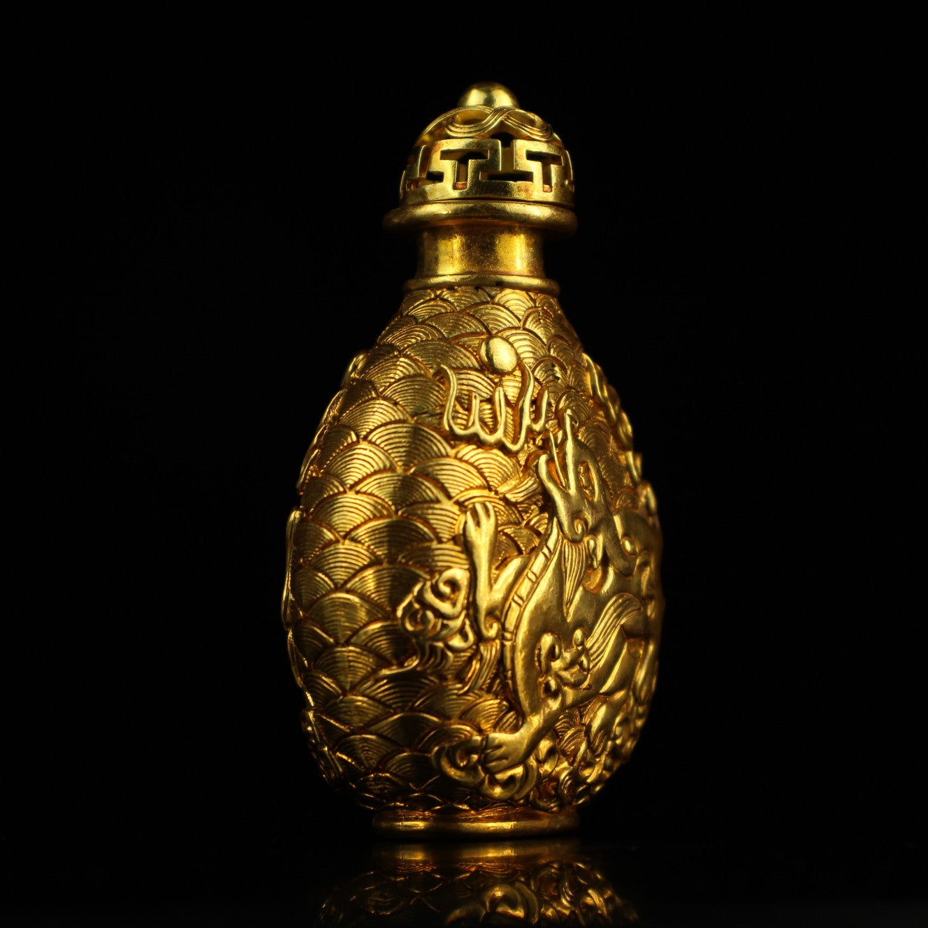 Old Chinese Gilt Gold Bronze Low Relief Fortune Pixiu Snuff Bottle