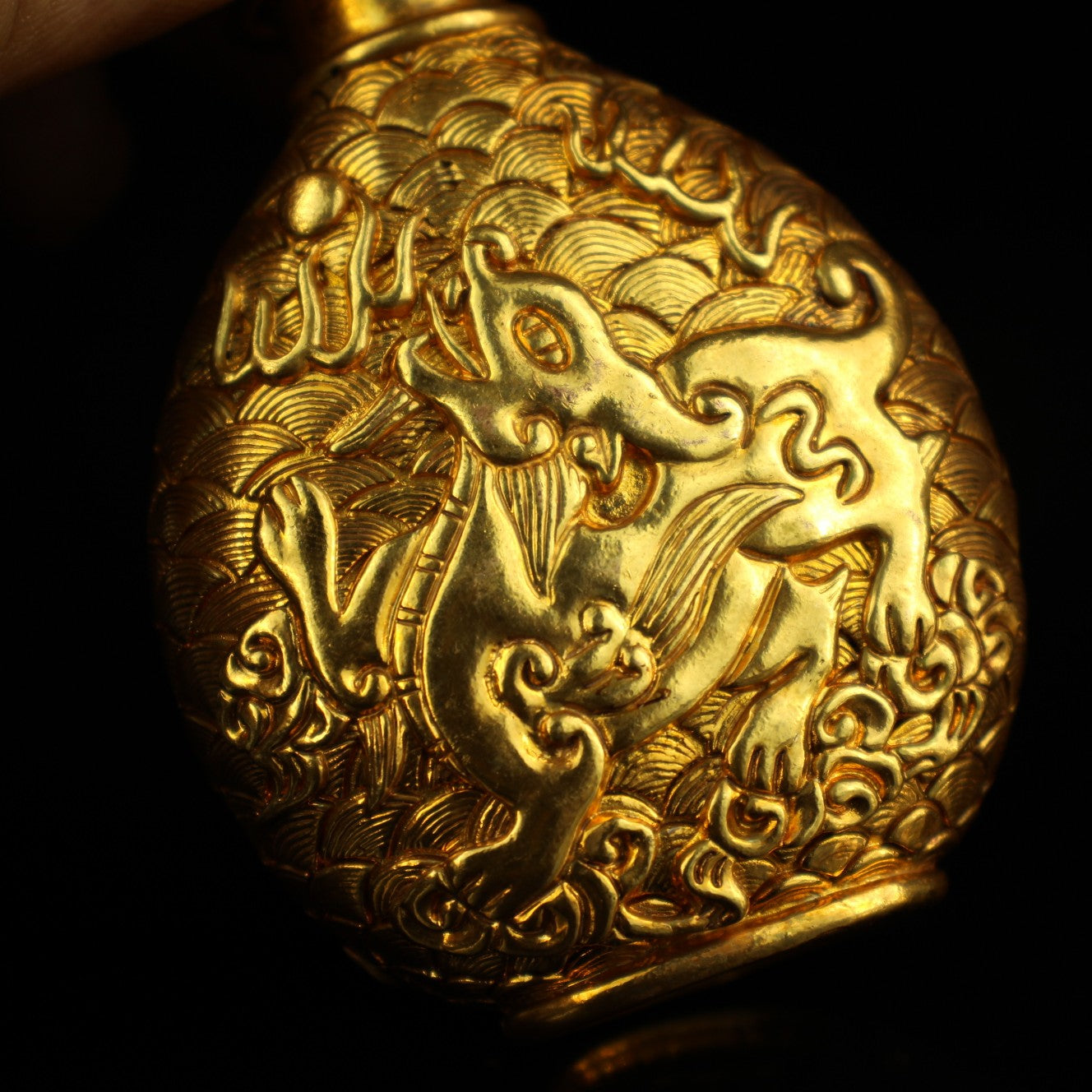 Old Chinese Gilt Gold Bronze Low Relief Fortune Pixiu Snuff Bottle