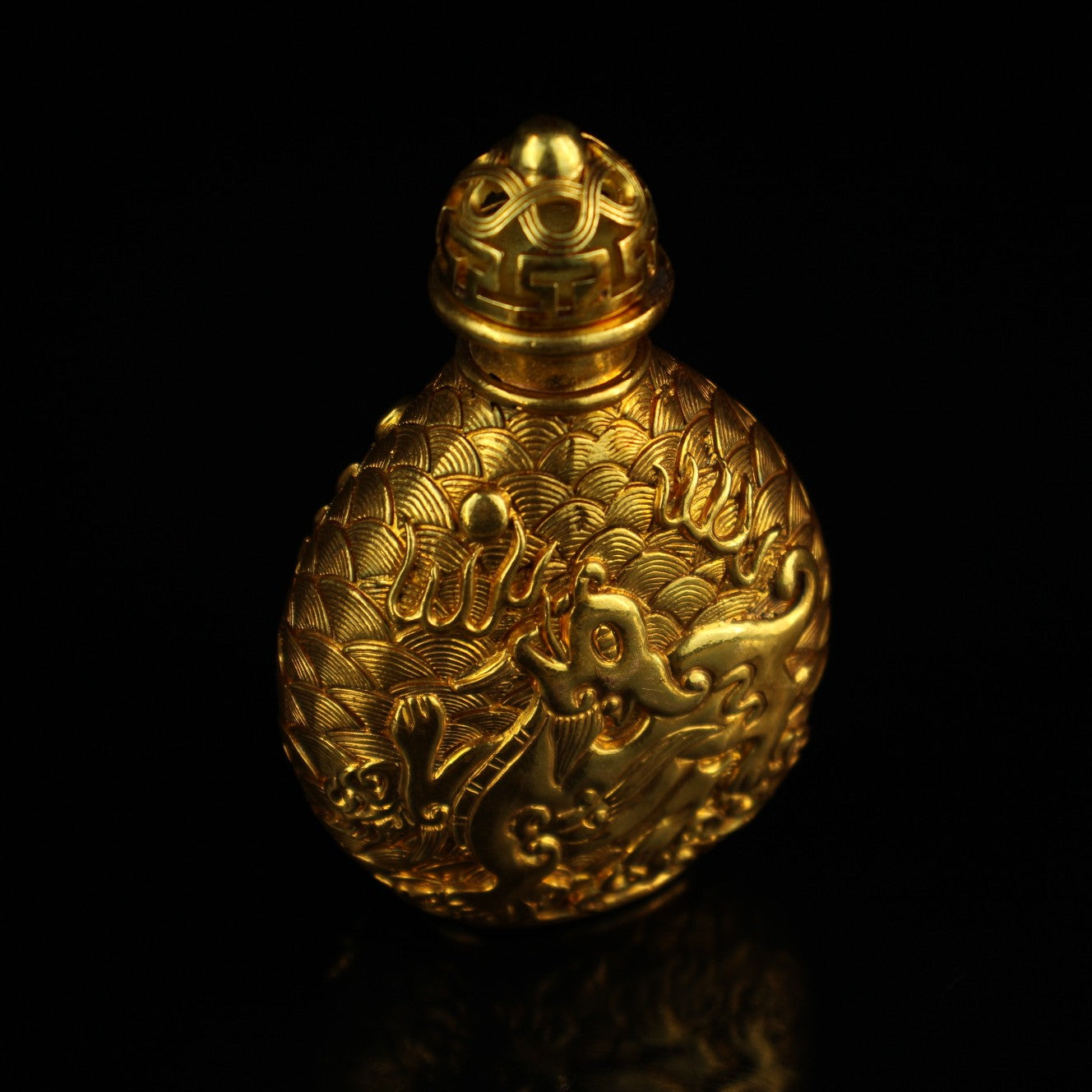 Old Chinese Gilt Gold Bronze Low Relief Fortune Pixiu Snuff Bottle