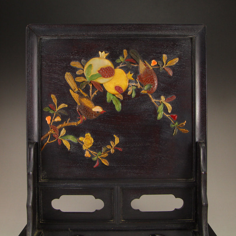 Vintage Chinese Zitan Wood Inlay Shell & Gem Desk Screen