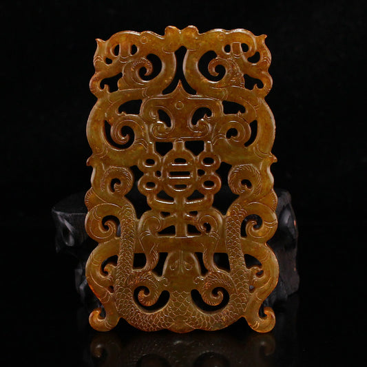 Vintage Openwork Hetian Jade Carved Chi Dragon Jade Bi