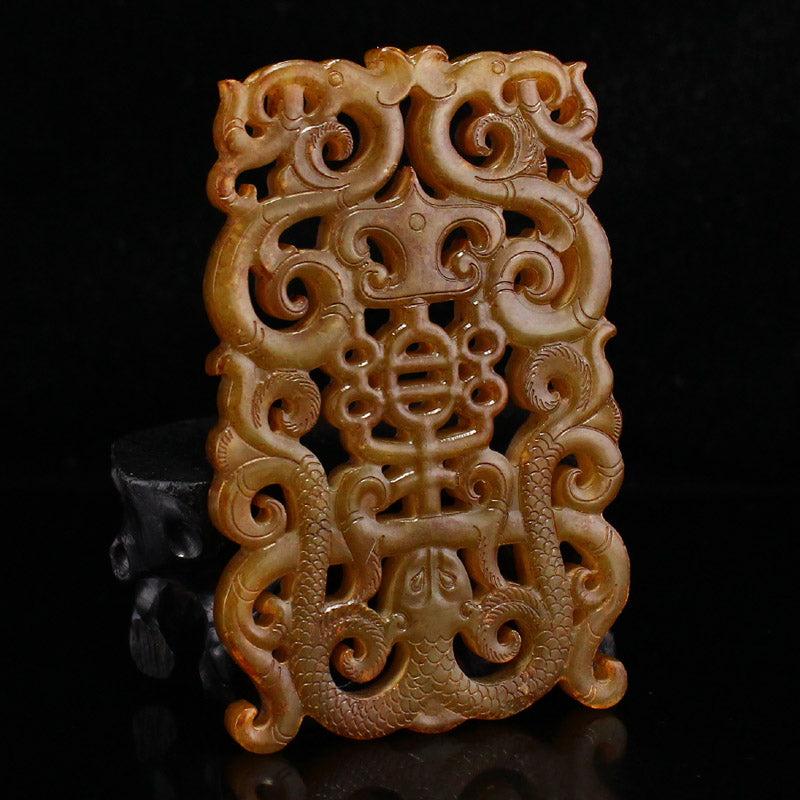 Vintage Openwork Hetian Jade Carved Chi Dragon Jade Bi