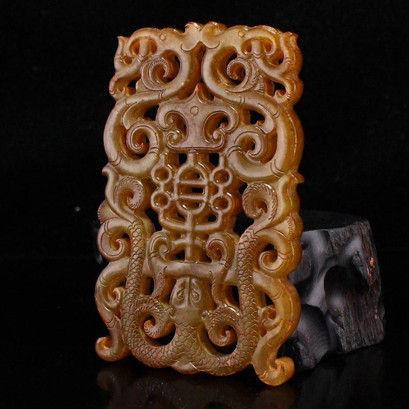 Vintage Openwork Hetian Jade Carved Chi Dragon Jade Bi