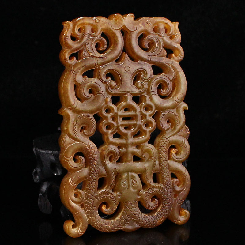 Vintage Openwork Hetian Jade Carved Chi Dragon Jade Bi