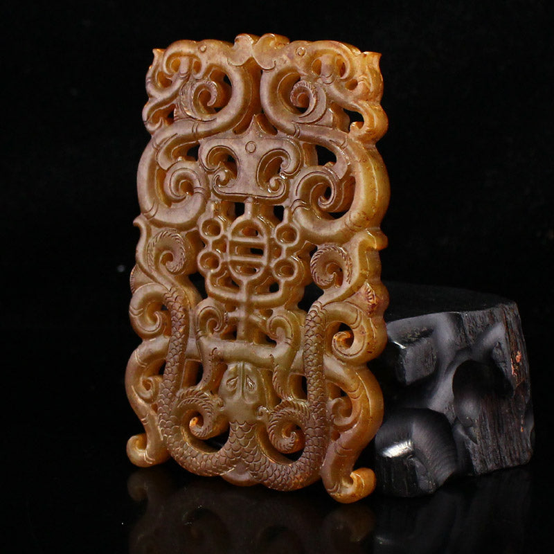 Vintage Openwork Hetian Jade Carved Chi Dragon Jade Bi