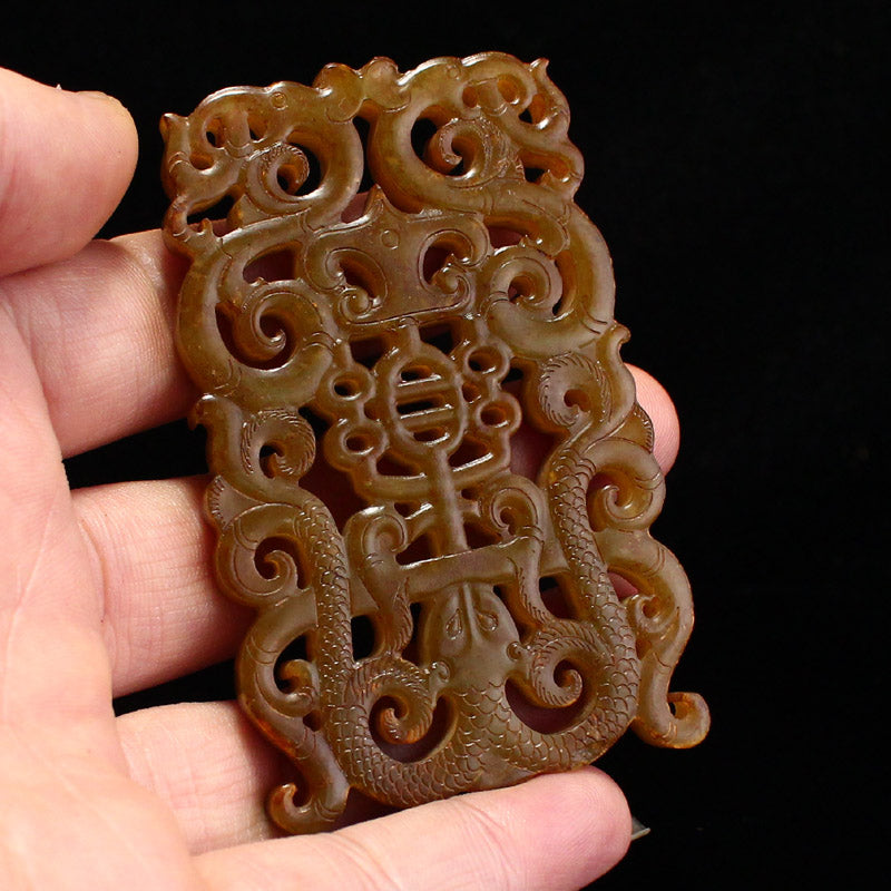 Vintage Openwork Hetian Jade Carved Chi Dragon Jade Bi