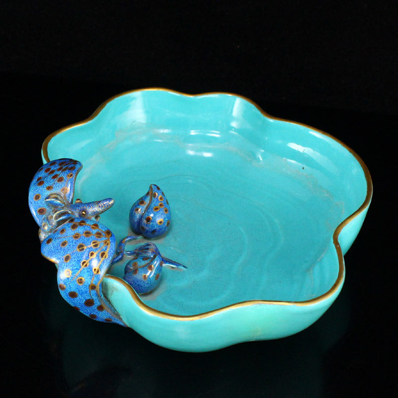 Vintage Chinese Gilt Edge Turquoise Glaze Fortune Bat Porcelain Brush Washer