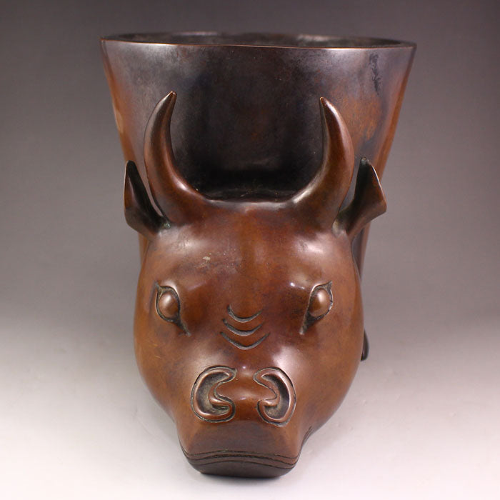 Old Chinese Copper Inlay Silver Wire Ox Head Incense Burner