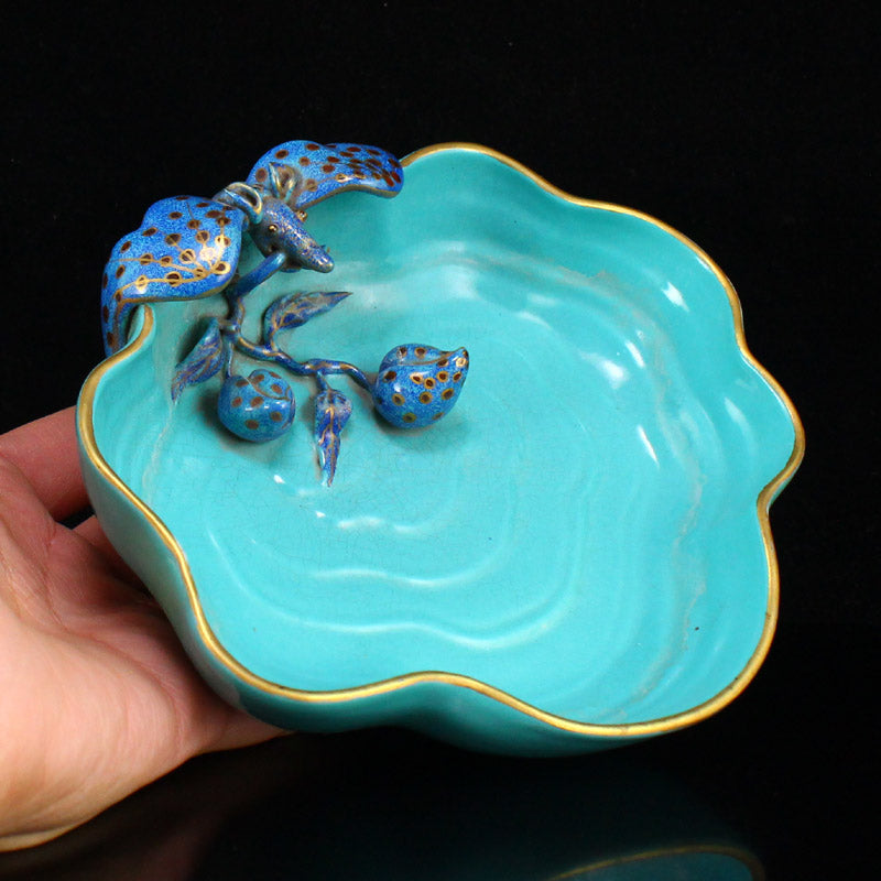 Vintage Chinese Gilt Edge Turquoise Glaze Fortune Bat Porcelain Brush Washer