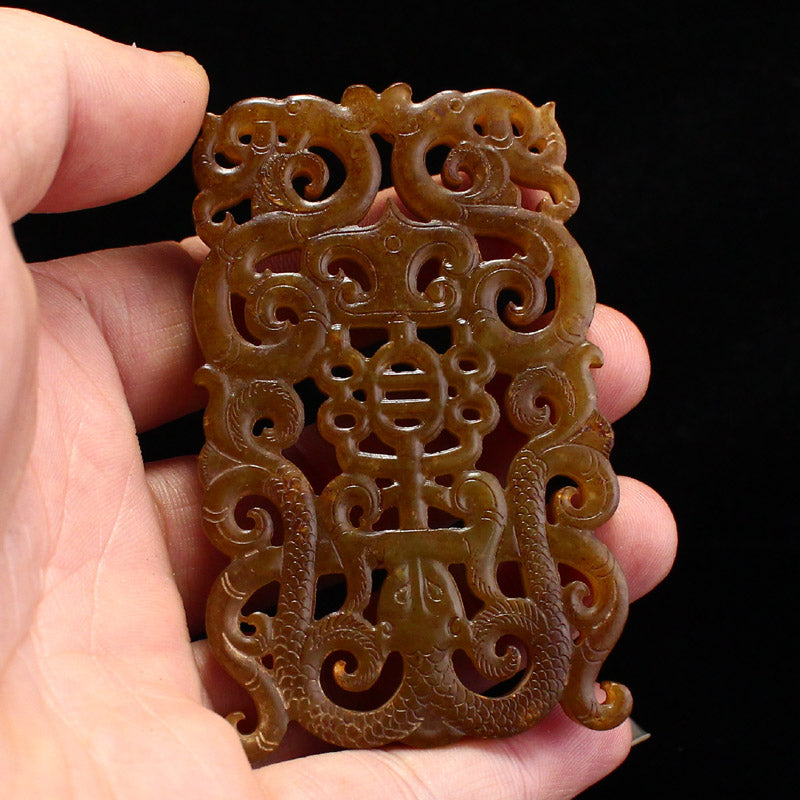 Vintage Openwork Hetian Jade Carved Chi Dragon Jade Bi