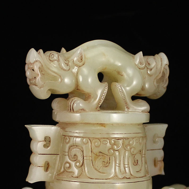 Vintage Chinese Hetian Jade Dragon Head Double Rings Vase