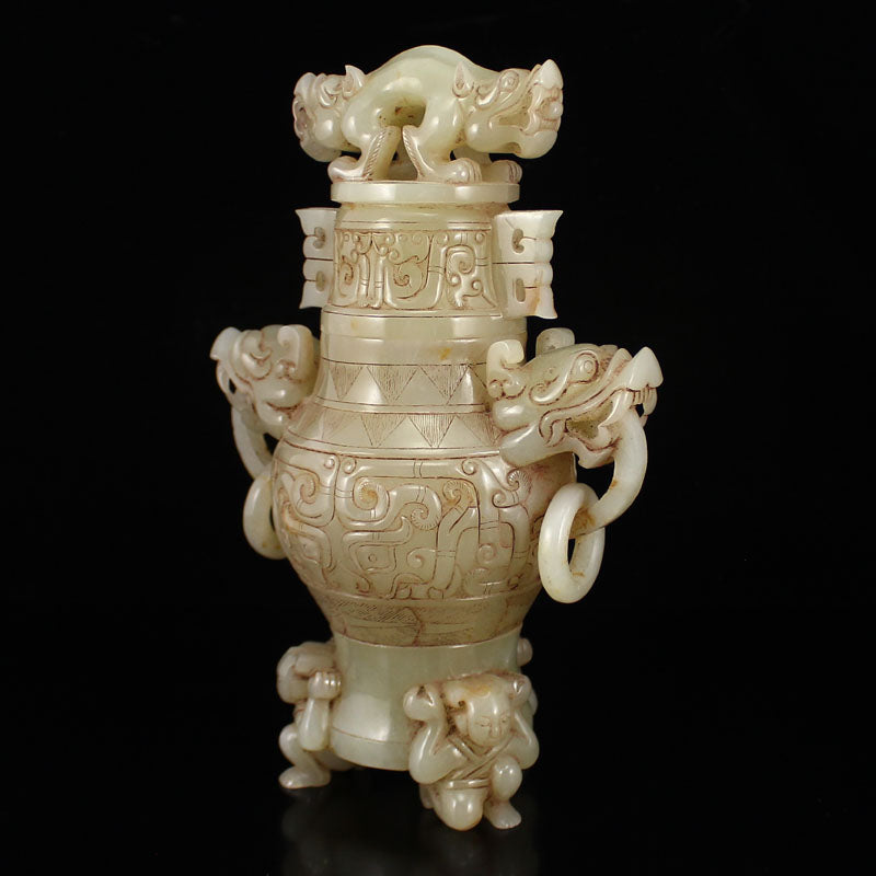 Vintage Chinese Hetian Jade Dragon Head Double Rings Vase