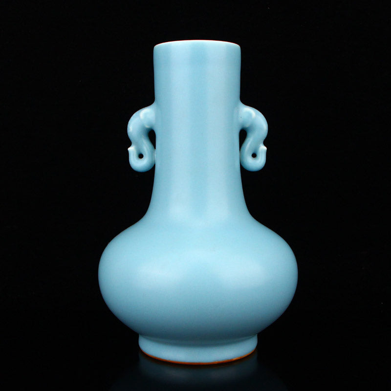 Chinese Sky Blue Glaze Elephant Head Double Ears Porcelain Vase w Qianlong Mark & Hardwood